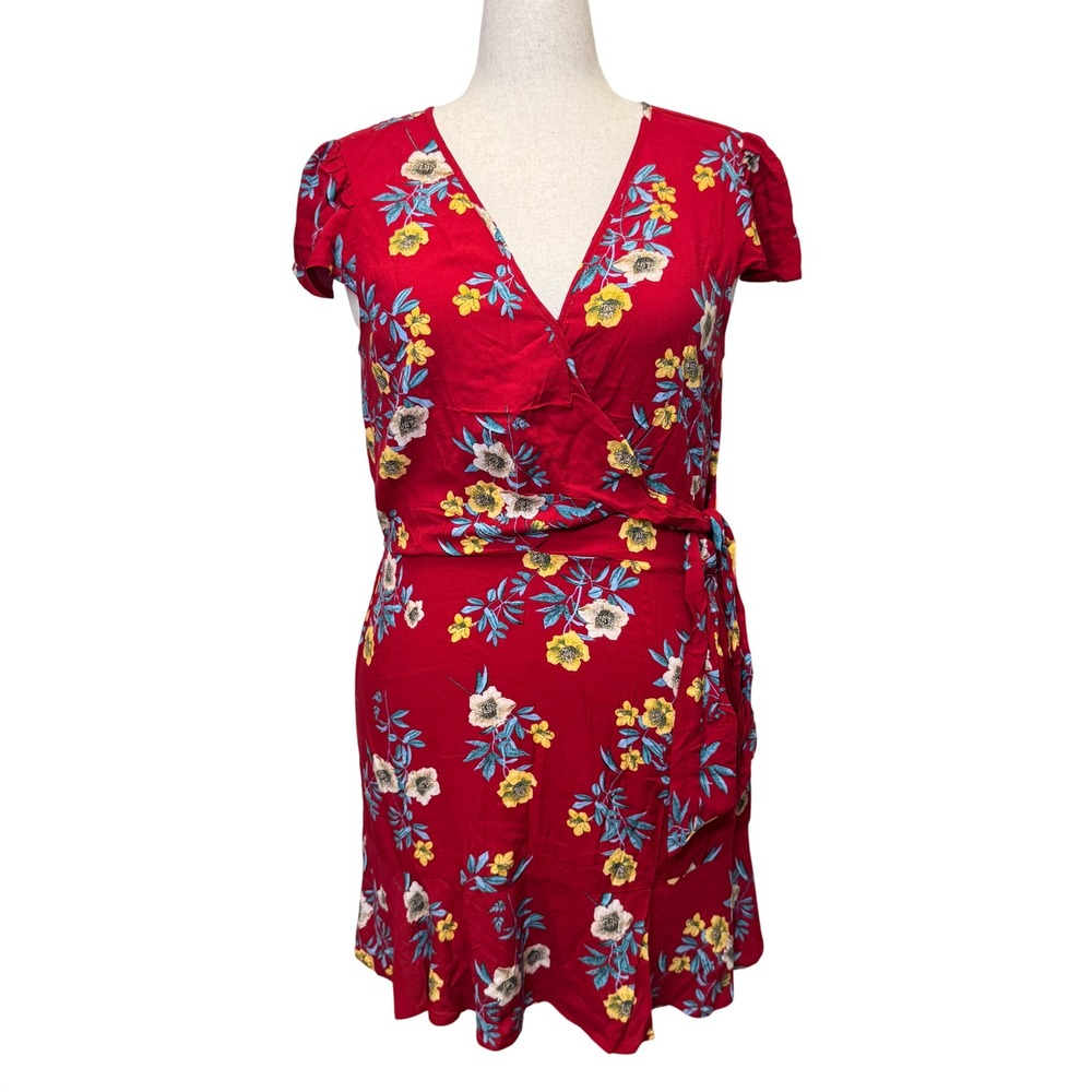 Faux Wrap Dress XL Red Floral Ruffle Flutter Sleeve Cottagecore Boho Tropical